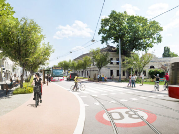 Umgestalteter Siegesplatz Aspern, sicherer Radweg, breitere Gehsteige, Bäume, neue Straßenbahn