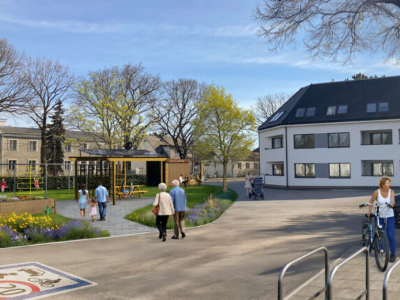 Vision eines umgestalteten Süßenbrunner Platzes mit Hofladen, Spielplatz und Fahrradständern