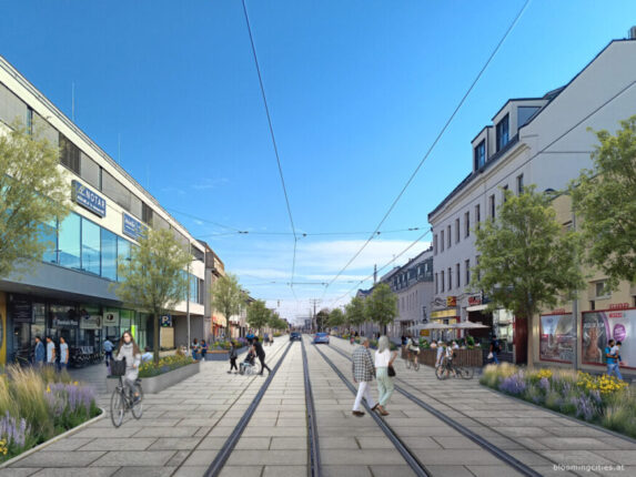 Rendering vom Kagraner Platz umgestaltet als Begegnungszone