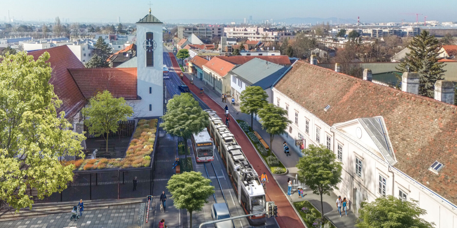 Essling: Die Esslinger Hauptstraße als 30er Zone mit Straßenbahn, Radweg und flanierenden Fußgänger:innen