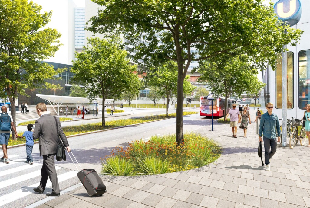 Platz der Vereinten Nationen mit Begrünung und Bäumen