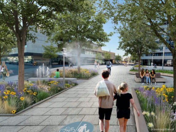 Rendering Maria-Trapp-Platz, begrünt, kühl und angenehm