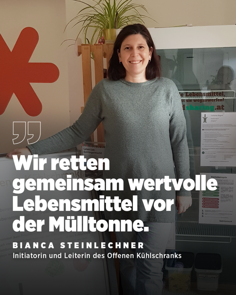 Bianca Steinlechner betreut mit ihrem kleinen Team seit März 2022 einen Offenen Kühlschrank in der Gebietsbetreuung am Schlingermarkt. Weltfrauentag 2026